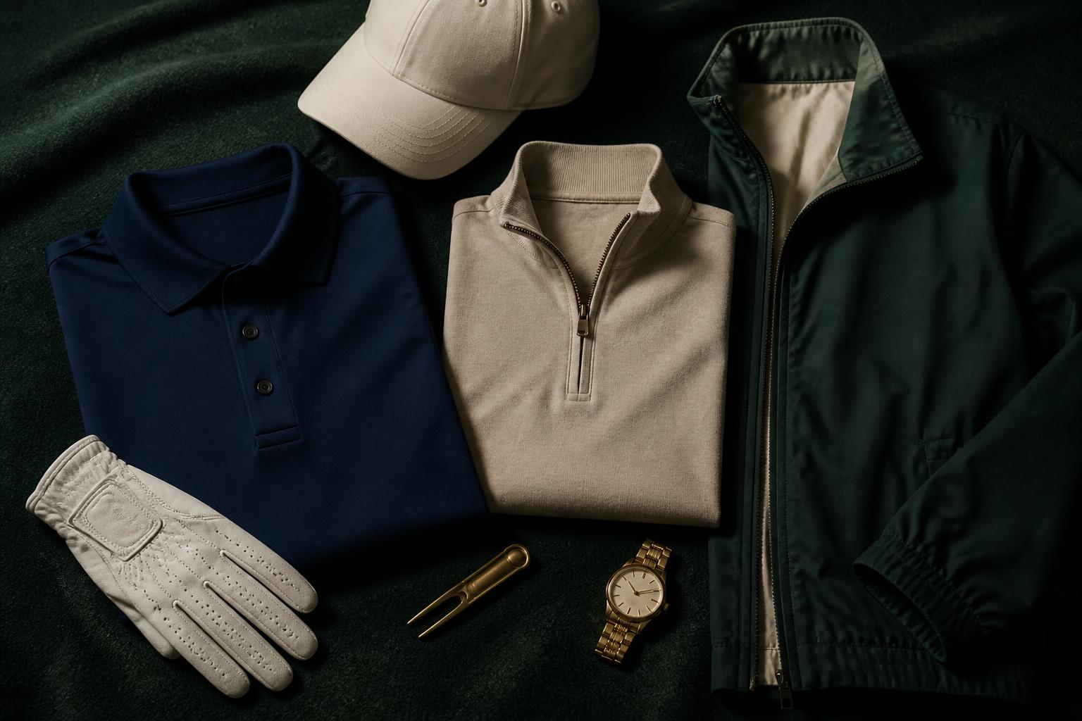 Premium Pirie GC golf apparel flat lay with polos, quarter-zip, cap, glove, and gold accessories
