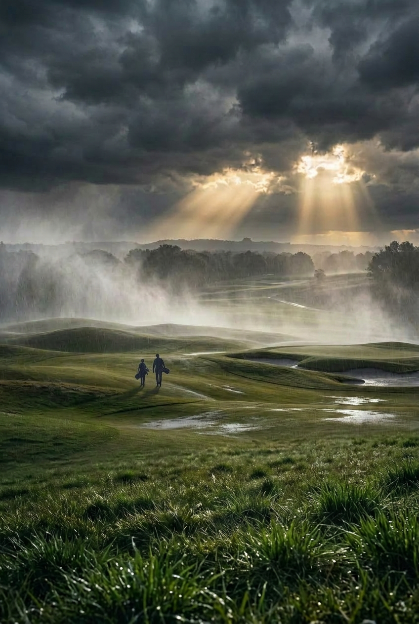 Father and son walking the fairway at sunset